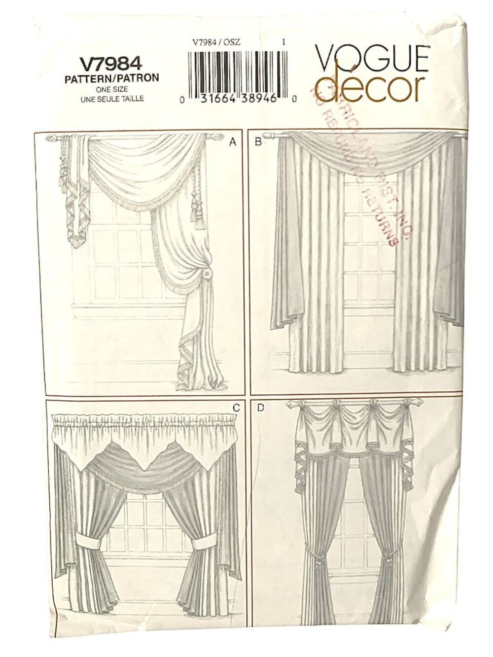 Vogue Sewing Pattern V7984 Elegant Window Treatments Curtains Valance UNCUT